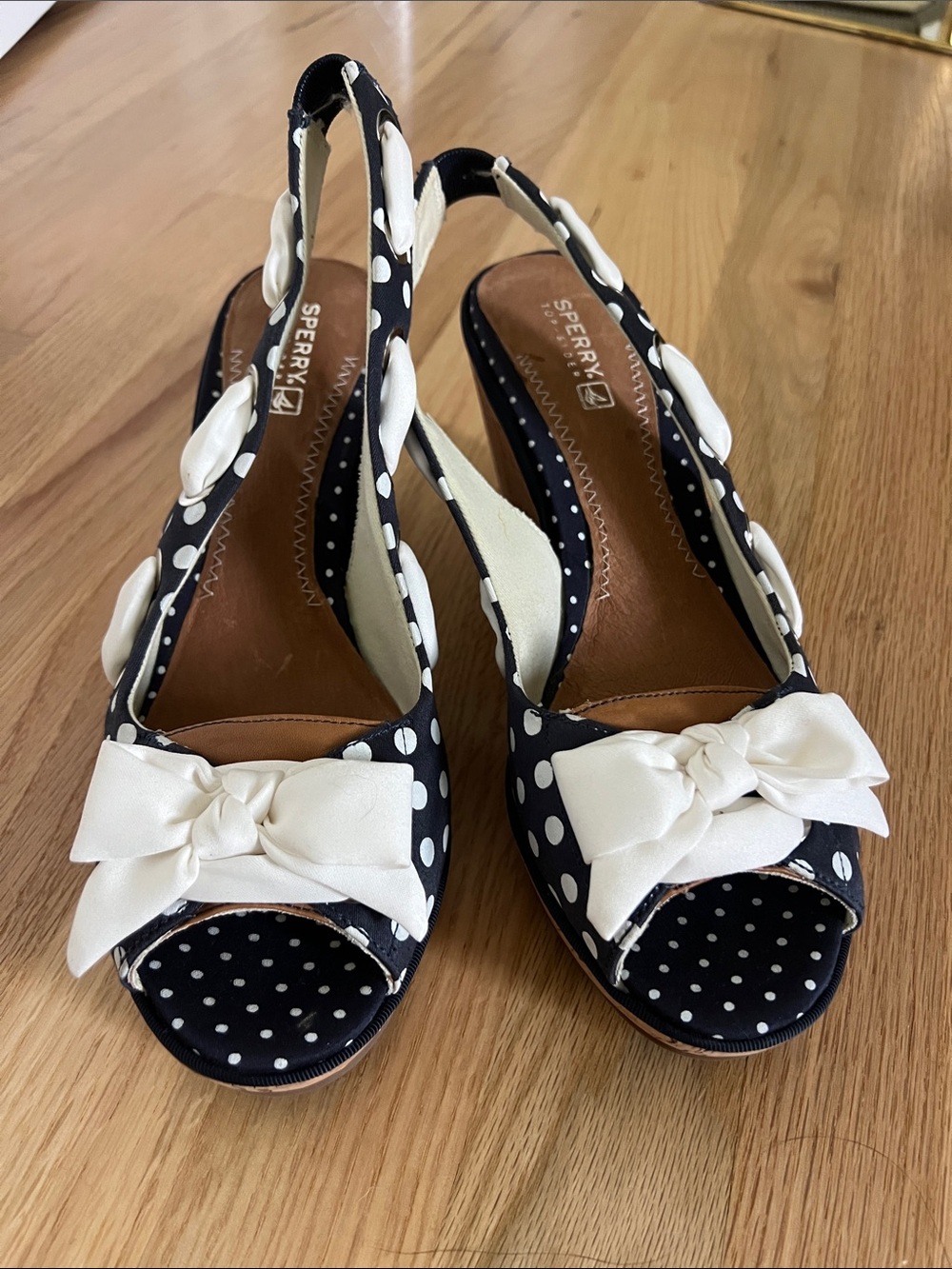 Sperry Southport Navy Polka Dot Peep-Toe Slingback Wedge Sandals with Cream Bows